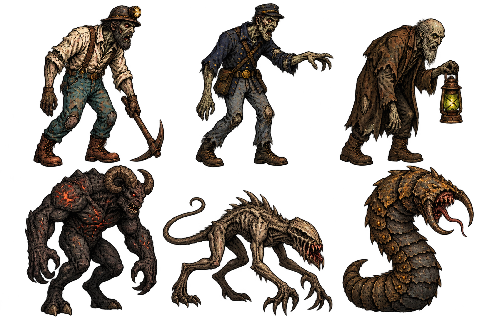 Illustrated undead miners and demonic cave creatures