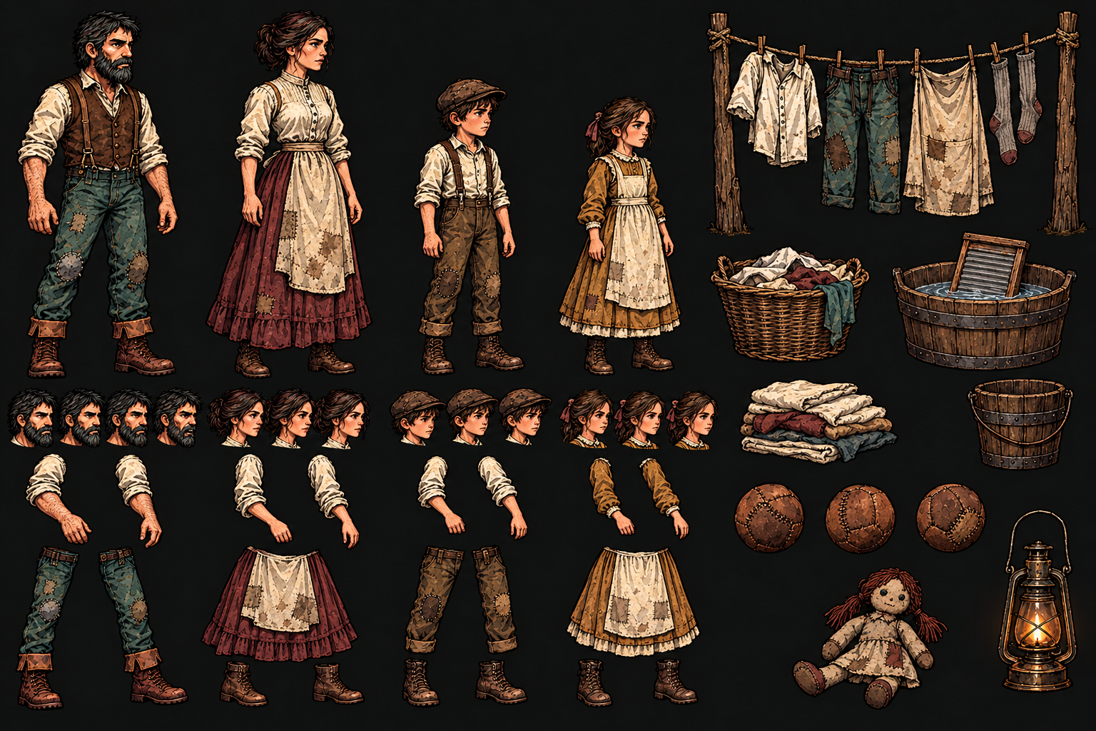 Civilian family artwork with parents, children, laundry and everyday objects