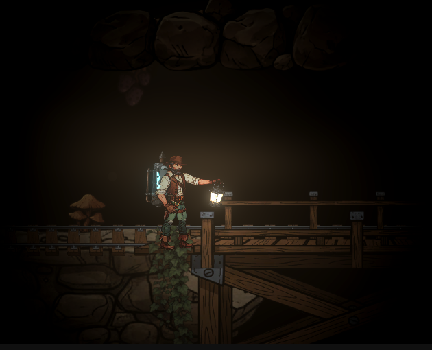 In-game scene: a miner holds a lantern on a wooden platform inside a dark cave