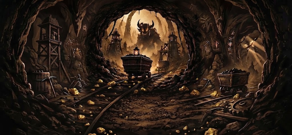 An illustrated mine with wooden supports, mine carts and branching tracks. An enormous horned demon waits in the distant cavern.