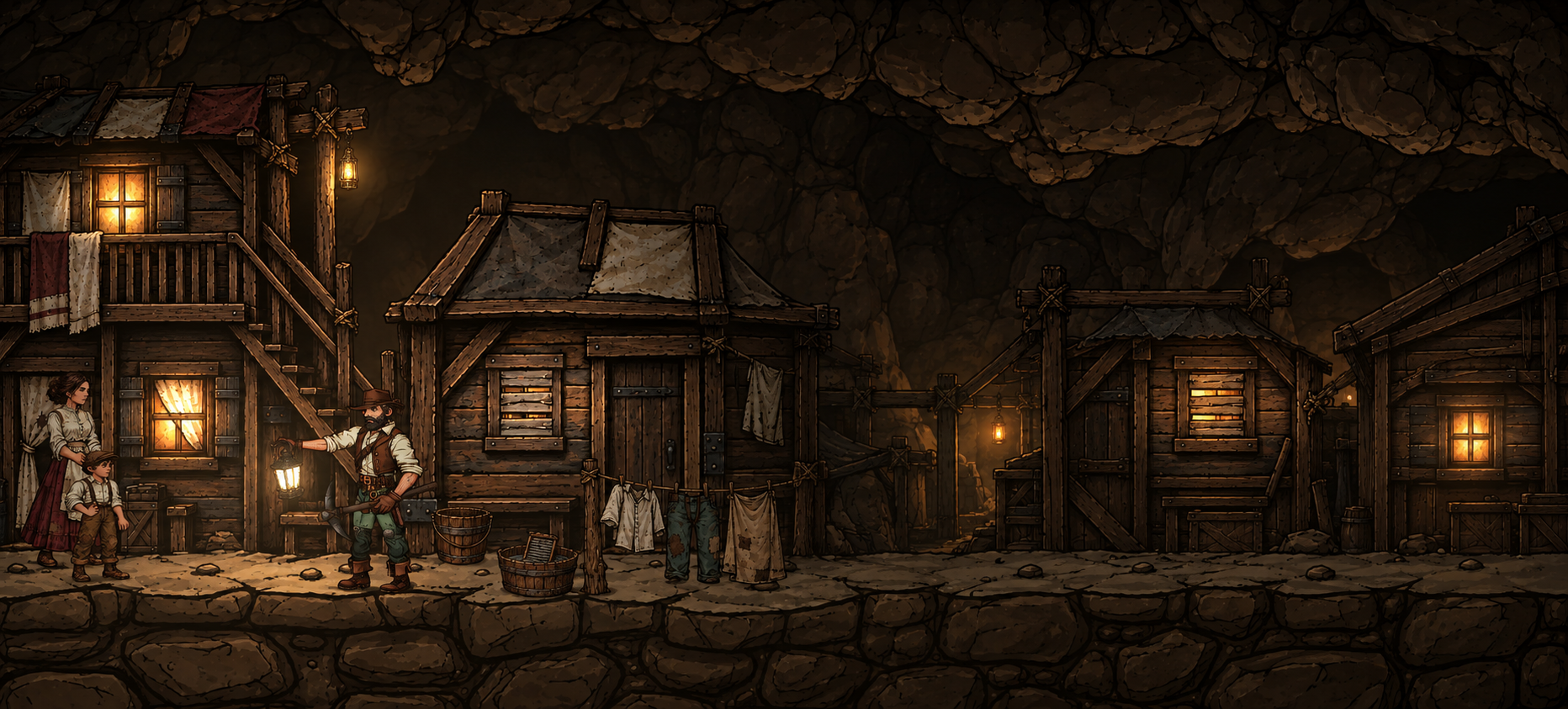 An underground civilian settlement with timber houses, a mother and child, a lantern-bearing miner and drying laundry.