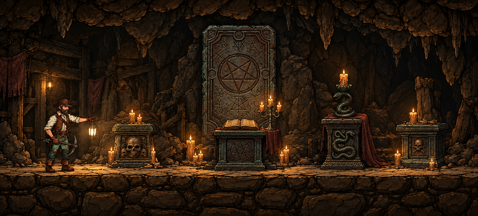 A miner with a lantern enters a cavern with skull altars, a serpent shrine, a carved stone tablet and burning candles.