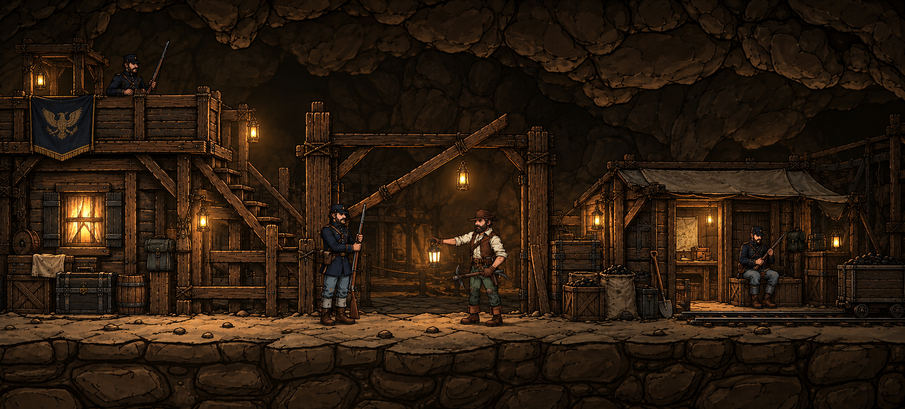Union soldiers in blue uniforms guard a timber checkpoint, supply huts and a watchtower inside the mine.