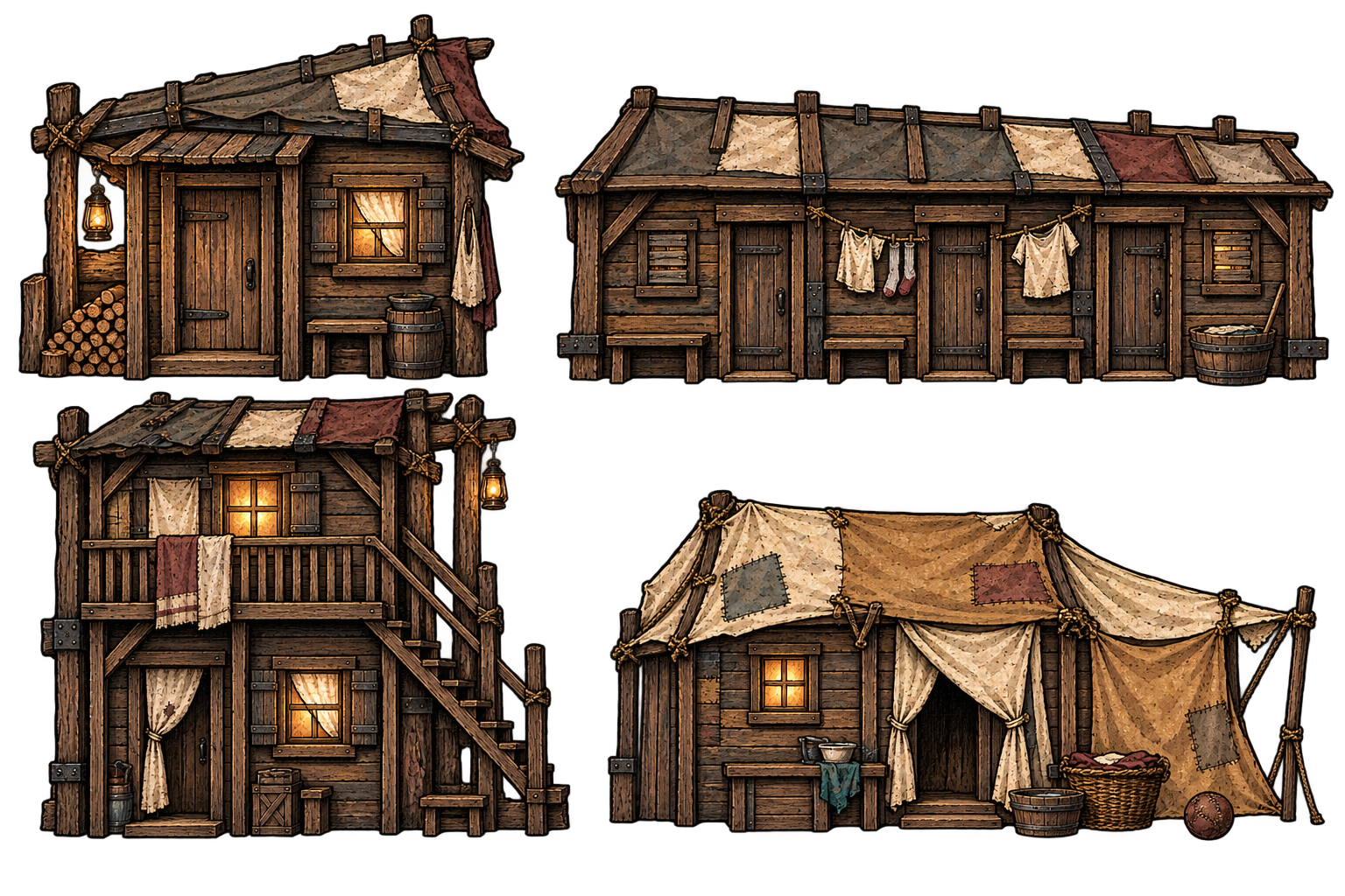 Four illustrated timber dwellings for an underground mining settlement